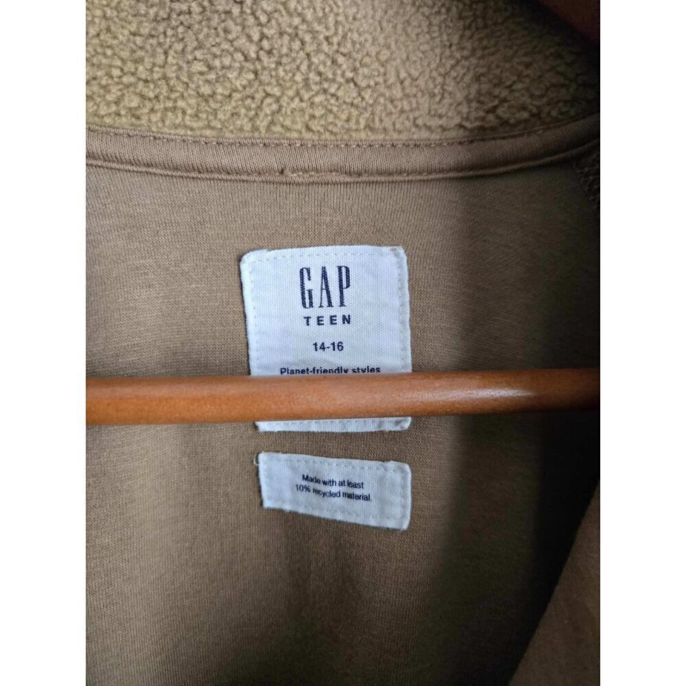 Gap Teen Hooded Sherpa Jacket 16-18 Tan Pocket Pullover Quarter Zip - Picture 3 of 3